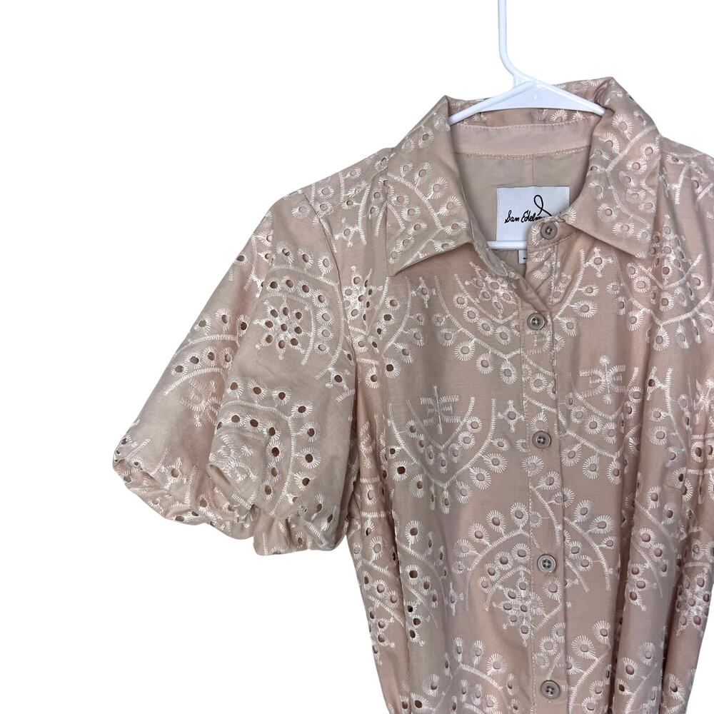Sam Edelman Eyelet Shirt Dress Beige Puff Sleeve Belted Mini Dress Size 2 - Picture 3 of 10